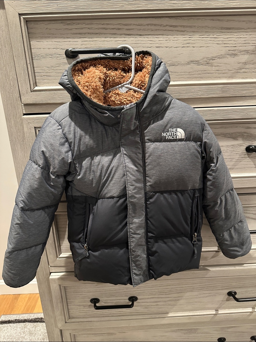 The North Face Kids Two-Tone Gray Puffer Jacket with Faux-Fur Lined Hood